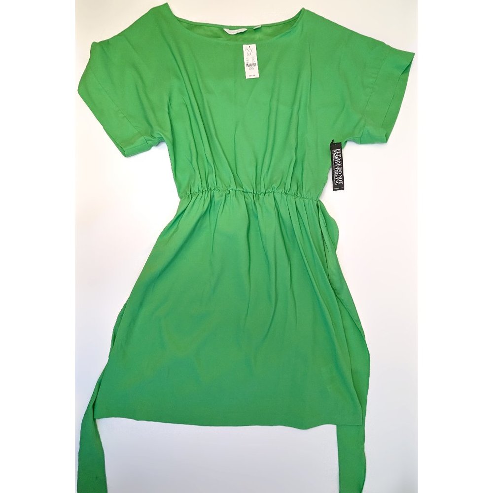 New York & Company Kelly Green Roundneck Midi Dress Tie Waist Size Women's Small